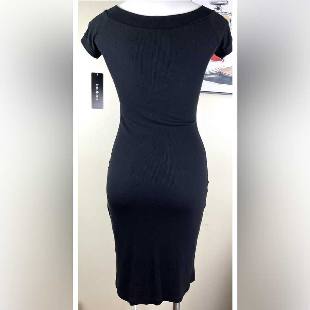 New BEBE rhinestone logo black dress 38.5” long Size M - Picture 9 of 13